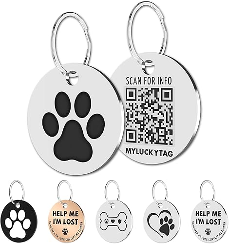 MYLUCKYTAG Etiquetas para perros con código QR de acero inoxidable - Escanea QR para obtener alertas instantáneas de ubicación de mascotas