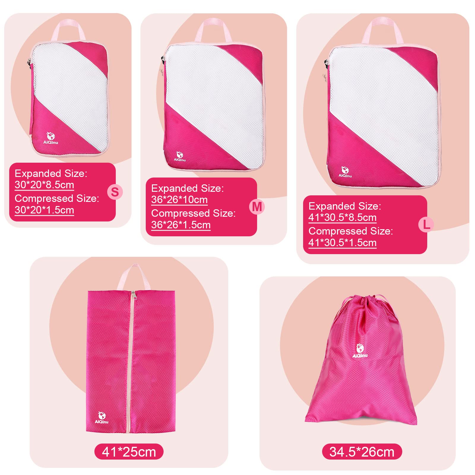 AiQInu Organizer Valigia 5 Pezzi Set, Compressione Packing Cube Salvaspazio Espandibile Ultraleggero Viaggio Organizer per i Vestiti,Scarpe,Intimo Set da Viaggio per Zaini o Bagagli a Mano (Rosa)