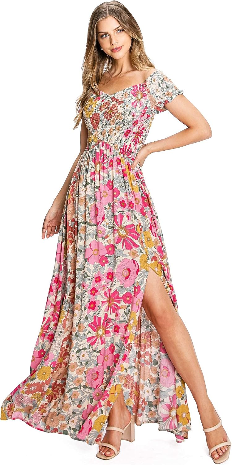 Aakaa Women's Sleeveless Floral Smocked Off Shoulder Maxi Dress at