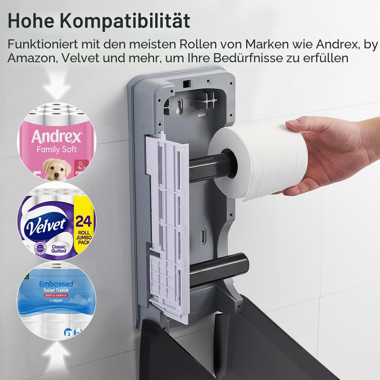 Pollock Toilettenpapierspender 2 Rollen – Ohne Bohren | Große Kapazität | Wandmontage | abschließbar | Doppelrollenspender | Handtuchspender | Wandhandtuchspender, Geeignet für Gewerbeflächen, Schwarz