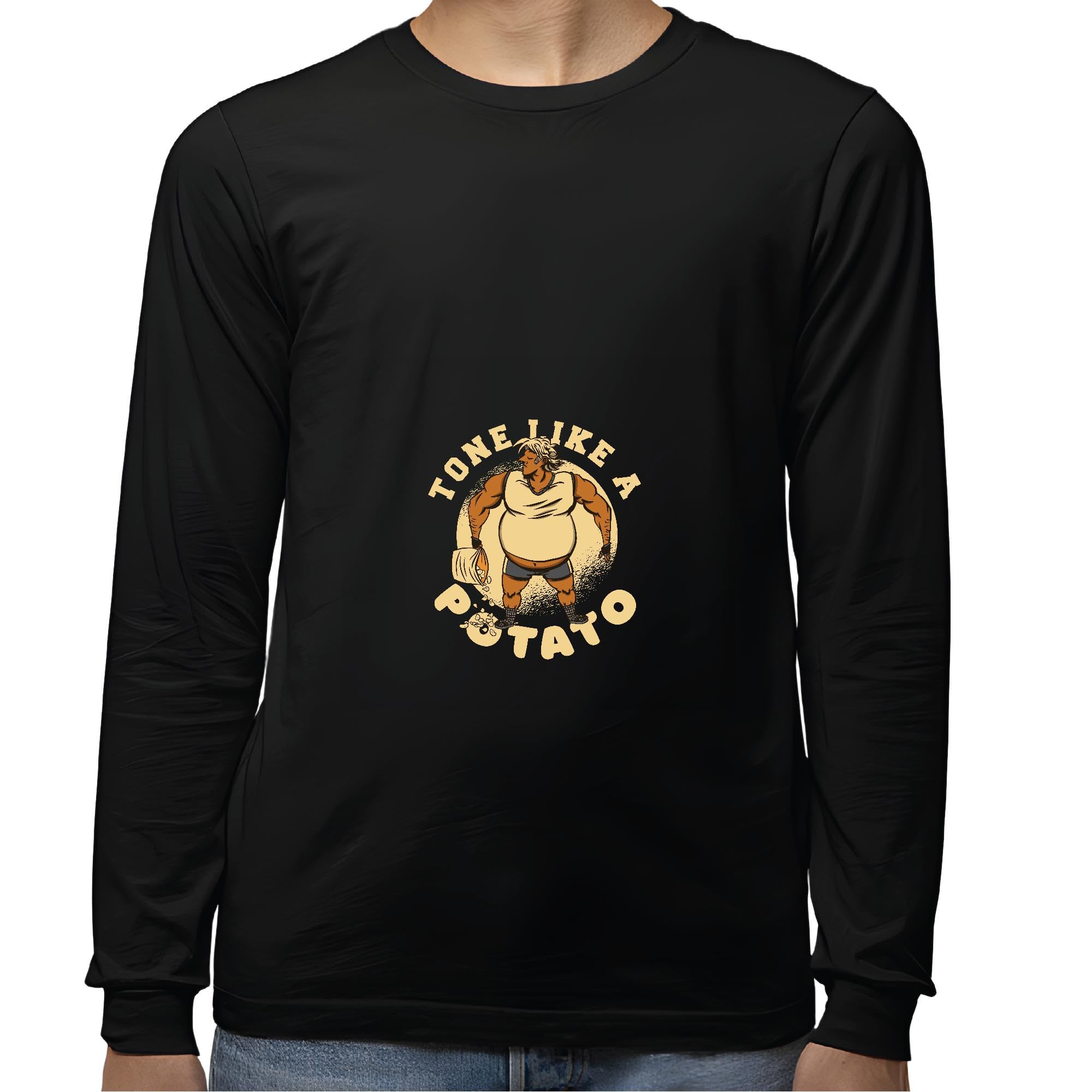 Gift for Bodybuilder Man with Fat Belly Tone Like a Potato Quote Present for Fitness Enthusiasts Black and Muticolor Unisex Long Sleeve T Shirt