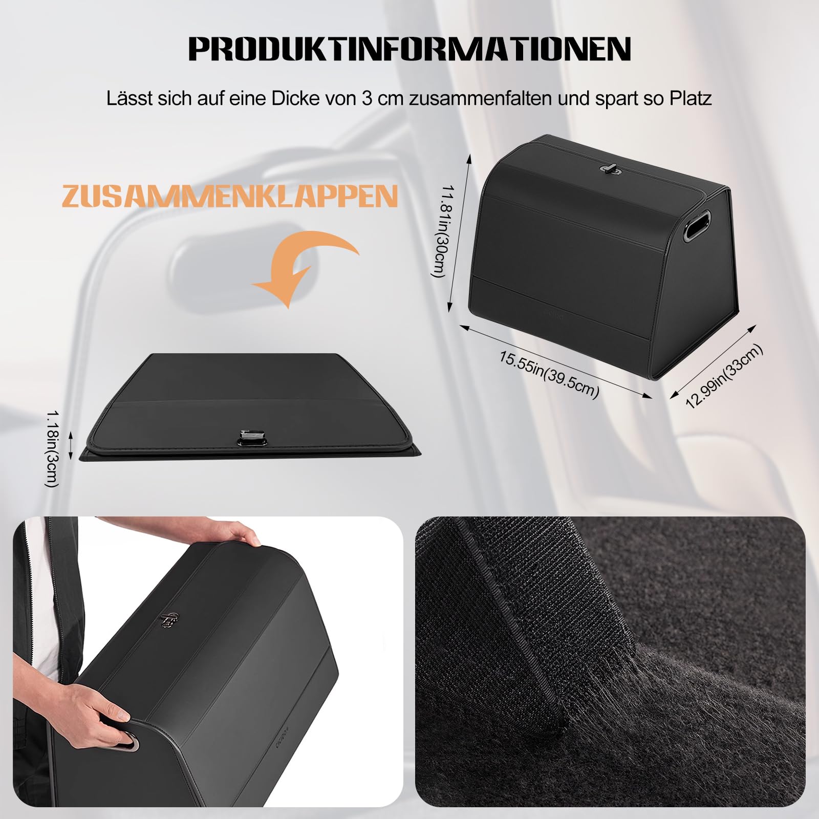 Ergocar Kofferraum Organizer, PU-Leder Autotasche Auto Kofferraum Box mit Deckel, Zusammenklappbarer Aufbewahrungsbox mit Fächern, Wasserfeste Langlebig, Rutschfester Boden, 180° Öffnung
