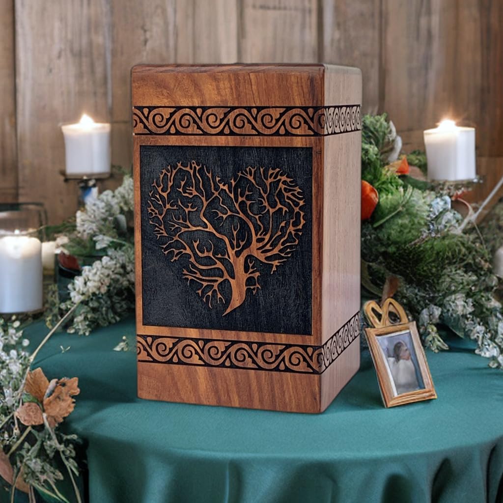 Prime Art wooden urns for ashes adult cremation box for ashes adult cremation urns for ashes adult tree of life urn for ashes (Heart Rate Black, (X-Large - 14" Hx7.5 W (640 Cu/In))