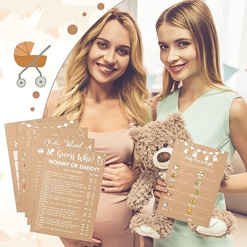 Miniatura 6 de Funtery Juego de 145 tarjetas rústicas de actividades para 25 invitados con 20 lápices de papel kraft rústico para baby shower, bingo, adivina