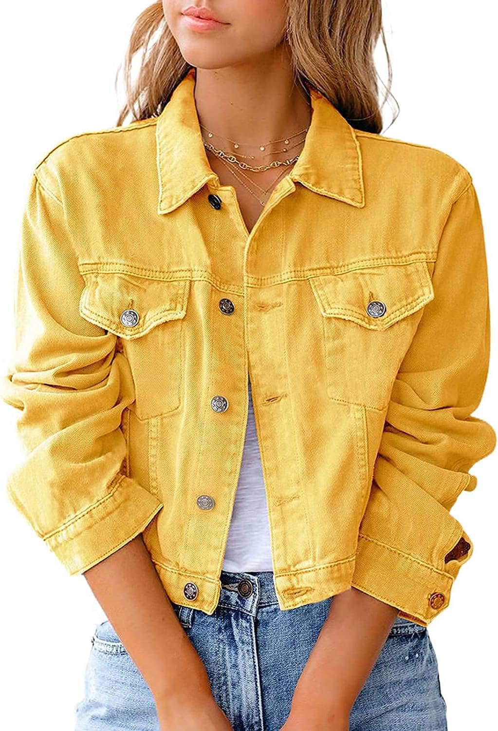 Chaquetas de mezclilla para mujer de manga larga básica con botones y