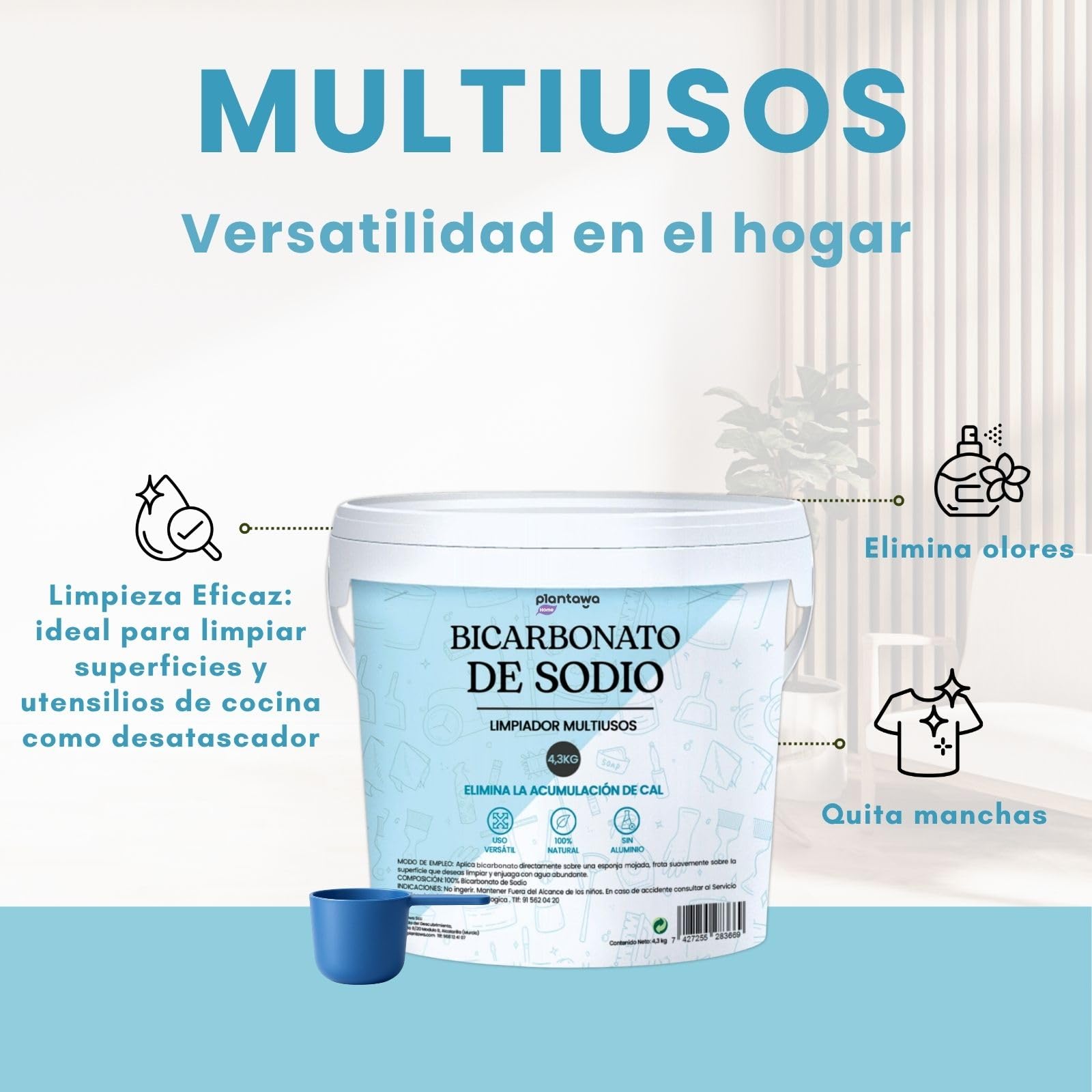 PLANTAWA Bicarbonato de Sodio 4,3kg | Bicarbonato Multiusos para Limpieza de Cocina, Baño, Textiles y Electrodomésticos | Alta Solubilidad | Sin Aditivos | Baking Soda Limpieza