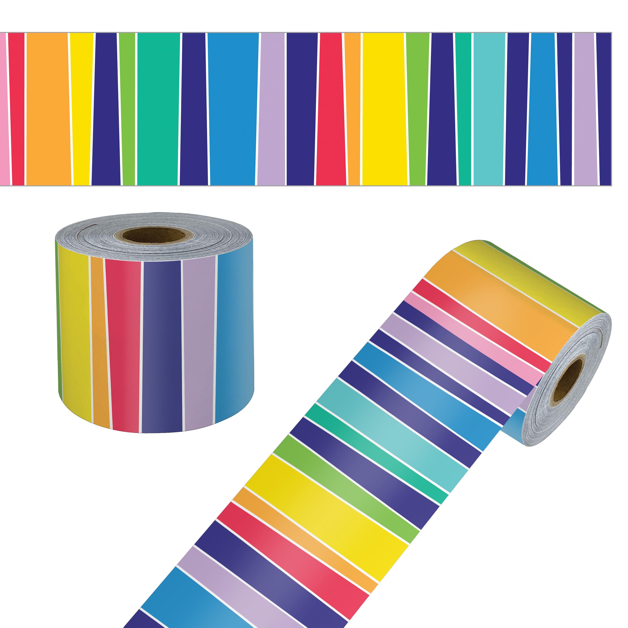 Carson Dellosa 65Ft of Striped Rainbow Bulletin Board Borders, 1 Roll of Colorful Trim for Rolling Whiteboard, Posterboard, Party Decorations, and