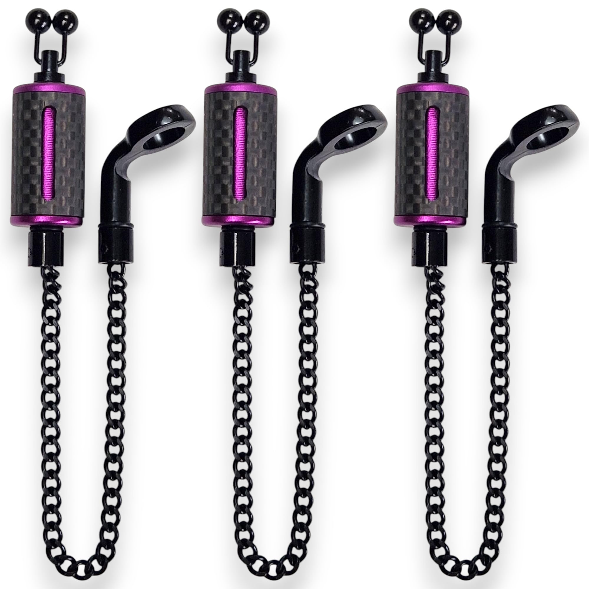 TJR Tackle 3 Purple Ultimate Carbon Fibre Bite Indicators bobbins with 14cm Chain, Black stainless steel ball line clips (Purple)
