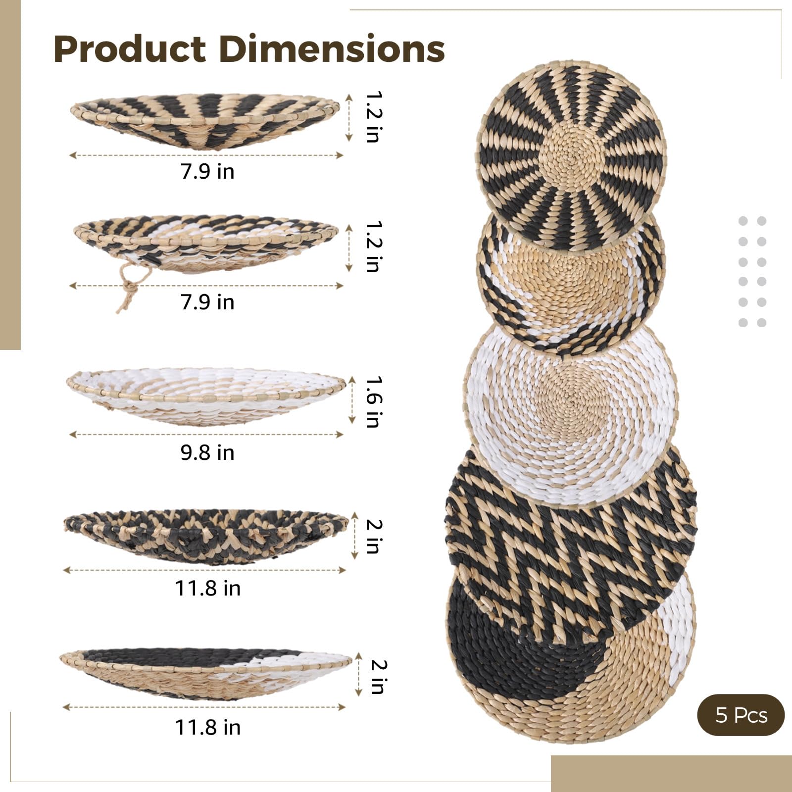 5-teiliges Boho-Rattan-Wandkorb-Set, handgefertigt, gewebtes Dekor für Zuhause und Büro, unverwechselbare Muster und Größen