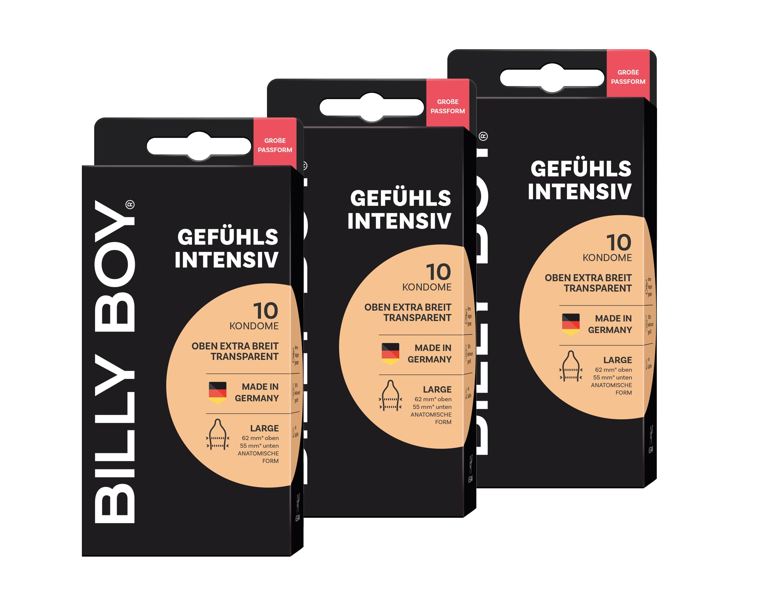 BILLY BOY Kondome Gefühlsintensiv 10er | 55-62mm im oberen Bereich | Kondome mit mehr Freiraum | 3er Pack (3 x 10 Stück)