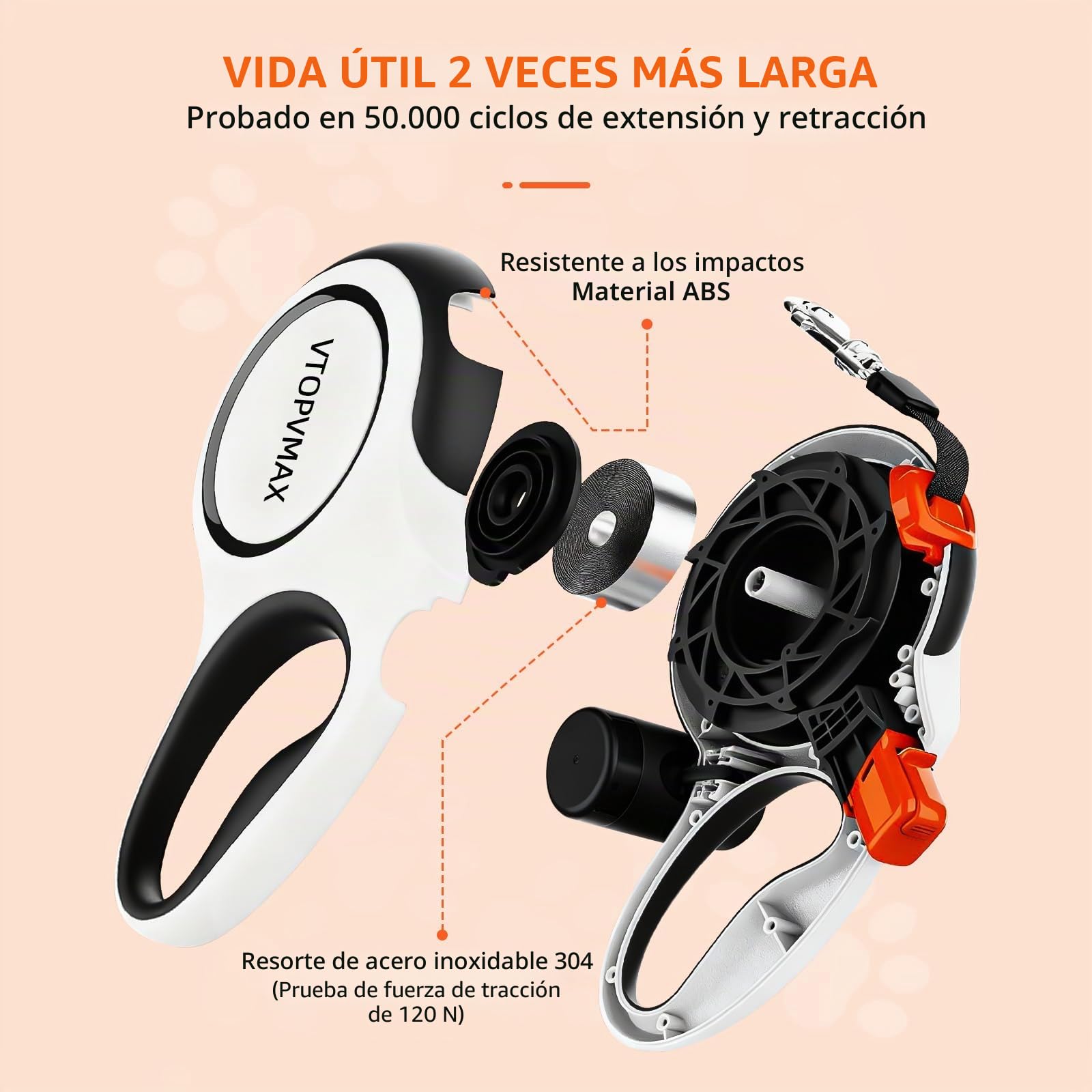 Correa Perro Extensible 8m - Correa Resistente para Perros Medianos/Grandes hasta 50kg, con Cable Anti-Mordidas, Dispensador De Bolsas para Heces Y Freno De Una Mano (Negro/Blanco)