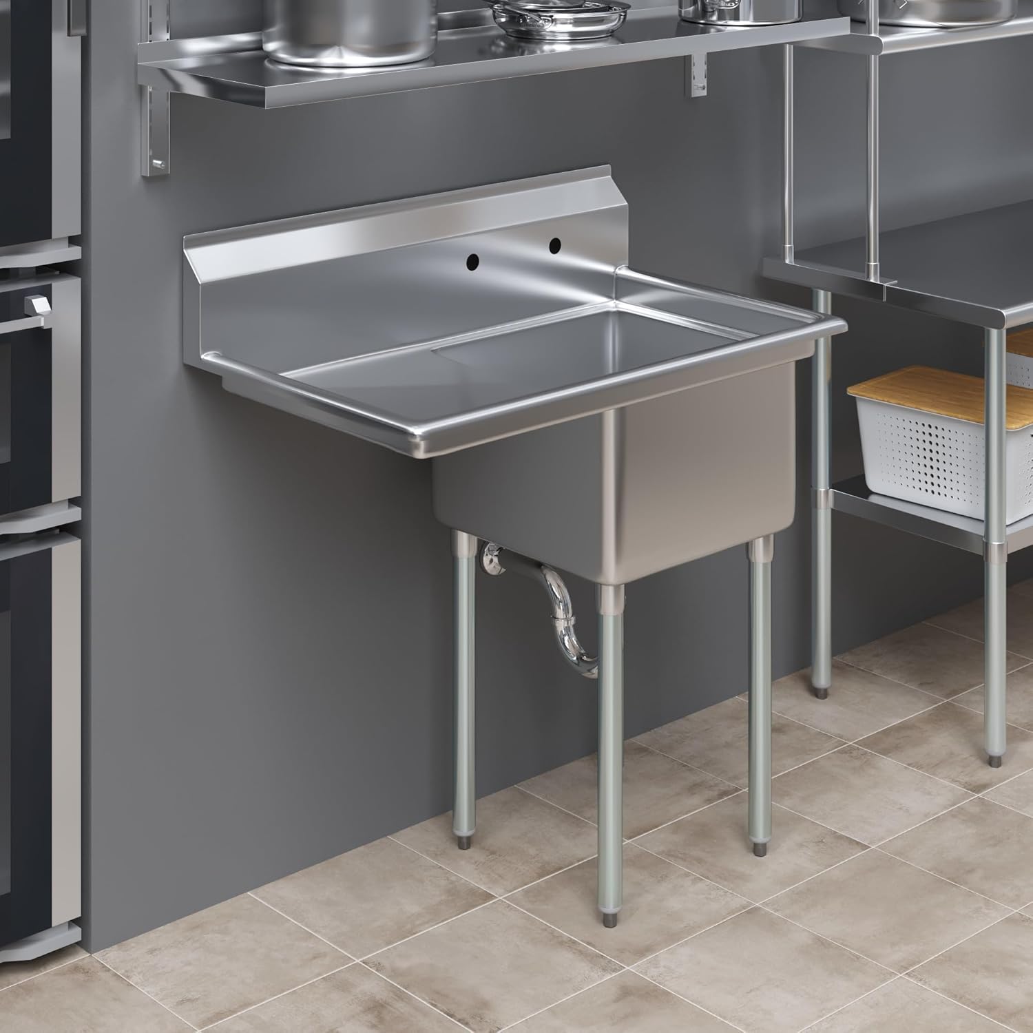 AmGood Stainless Steel Prep & Utility Sink | 304 Stainless Steel | Restaurant, Kitchen, Laundry, Garage | NSF (23 in. x 39 in. | One Bowl | Left Drainboard)