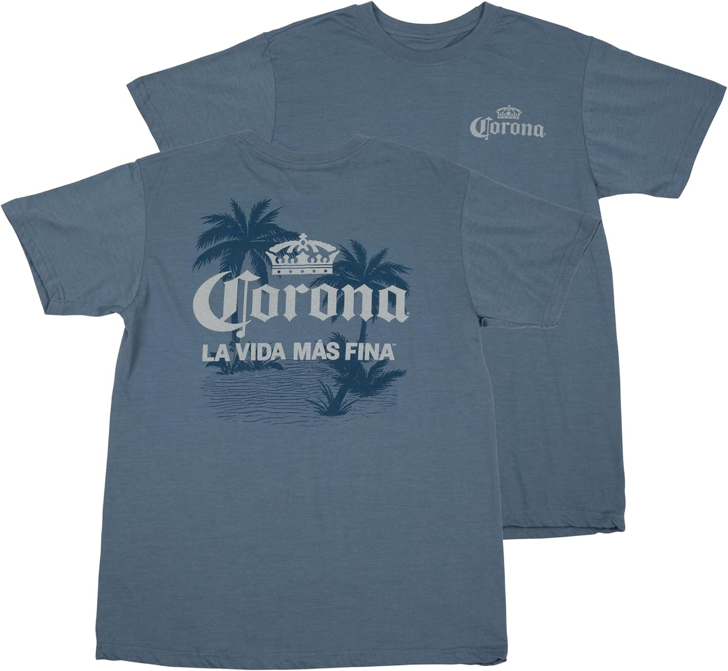 Corona Extra La Vida Mas Fina Palm Trees Front and Back Print T-Shirt