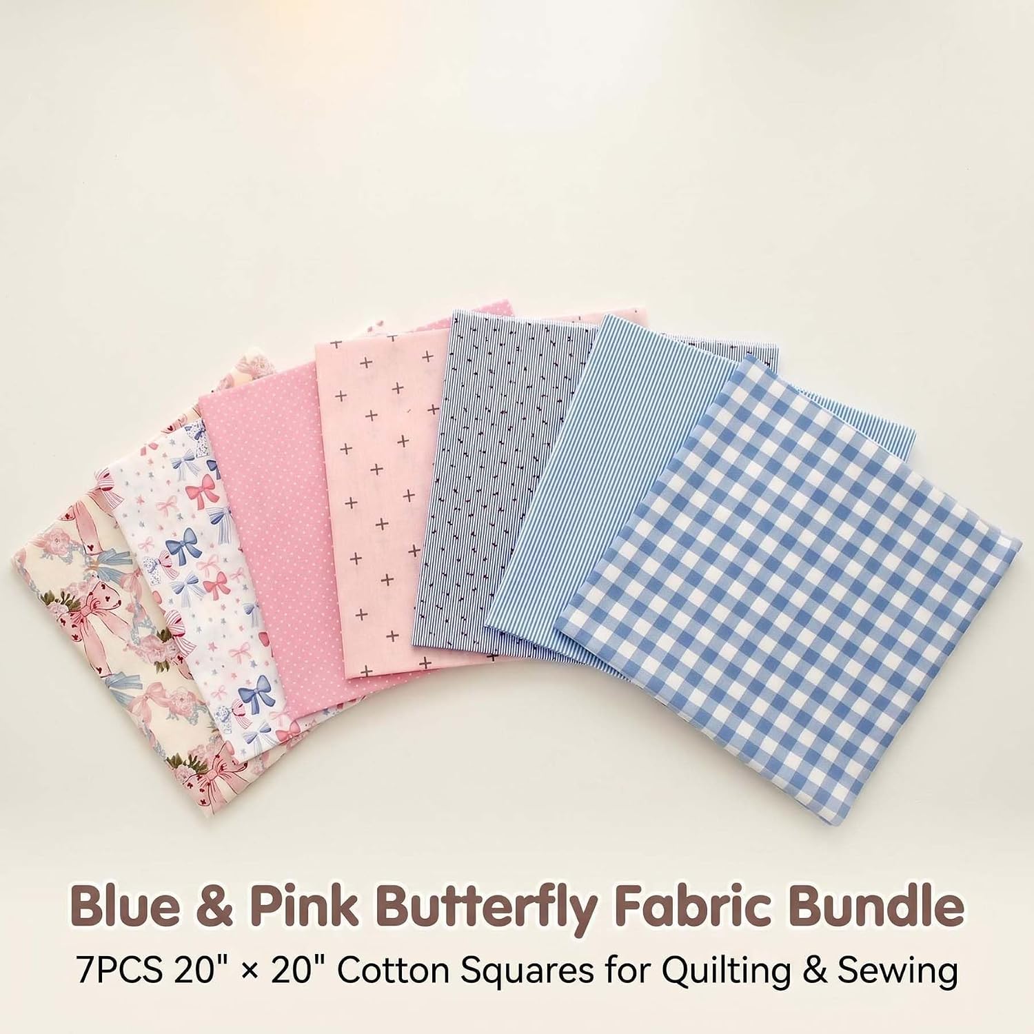 Bow Cotton Fabric Bundle 20x20 Inch, Pink Blue Quilt Fabric Squares for Quilting & Sewing, 7PCS image 5
