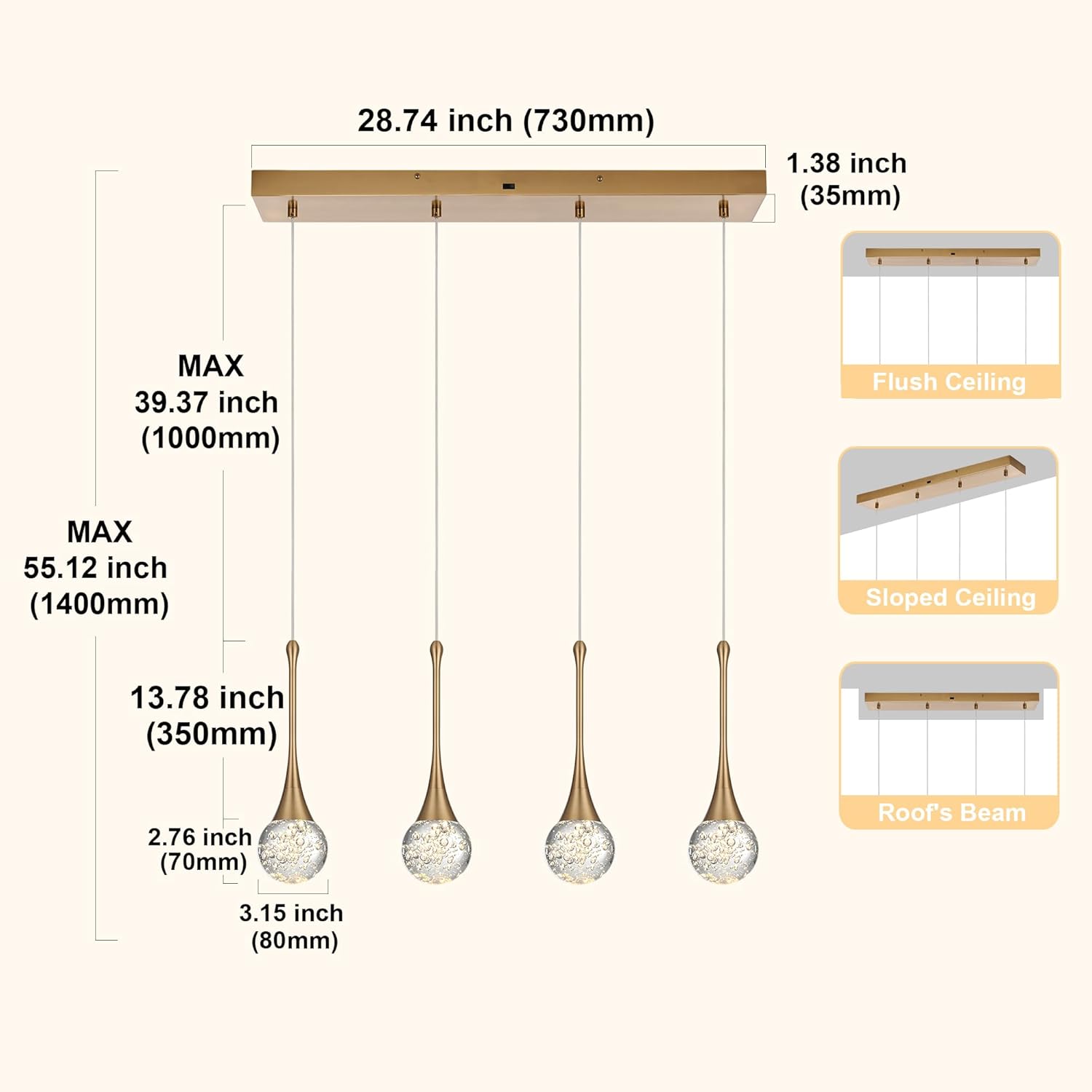 VINLUZ 4-Light Brushed Gold Crystal Chandelier, Dimmable LED Bubble Raindrop Rectangle Pendant Lighting Fixture, Luxury Elegant Adjustable Spiral Ceiling Light for Entryway Staircase