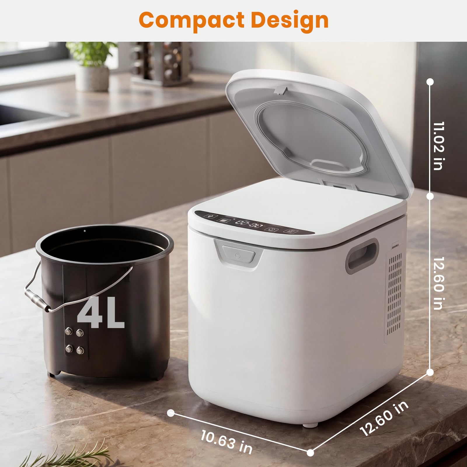 Elektrischer Komposter für die Küche, intelligenter Lebensmittelabfall-Komposteimer mit 900 ml Kohlefilter & 600 g Kohlenstoff-Nachfüllpack, geruchlos, leise, Auto-Clean-Küchenkomposter