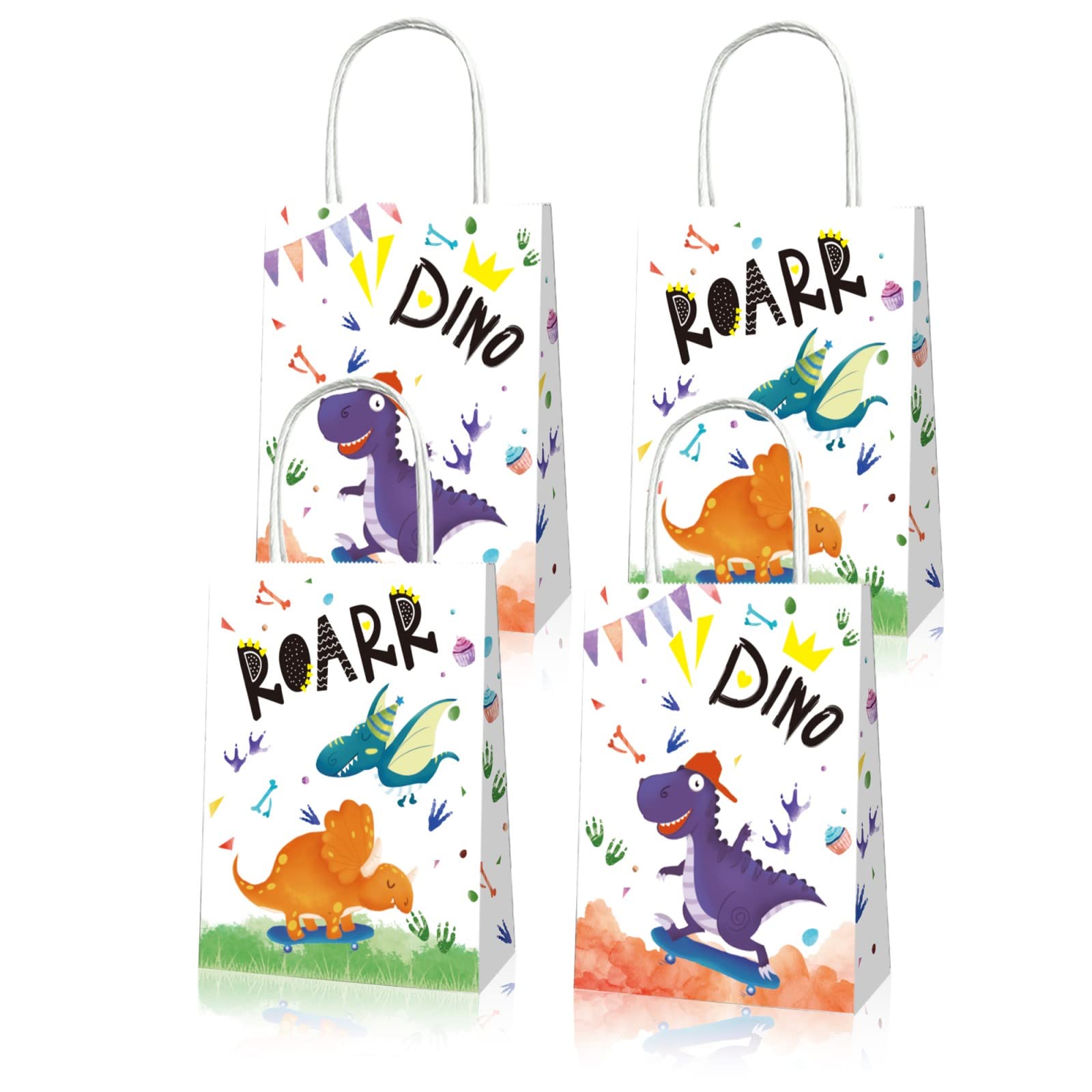 12 Dino-Geschenktüten Mit Griff – Bunt, 16x22x8 Cm, Aus Festem Papier Für Kinderparty, Halloween, Weihnachten