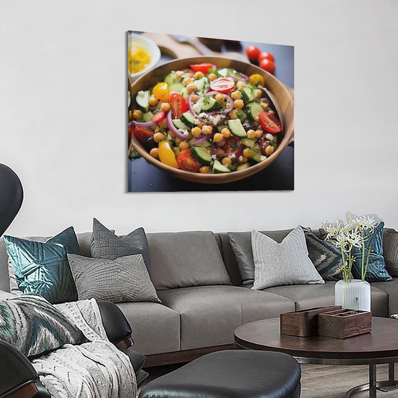 Poster mit veganen Rezepten, farbenfroher Kichererbsen-Salat, griechischer Feta, Olive, vegetarisches Gericht, dekoratives Gemälde, Leinwand, Wandkunst, Bilddruck, moderne