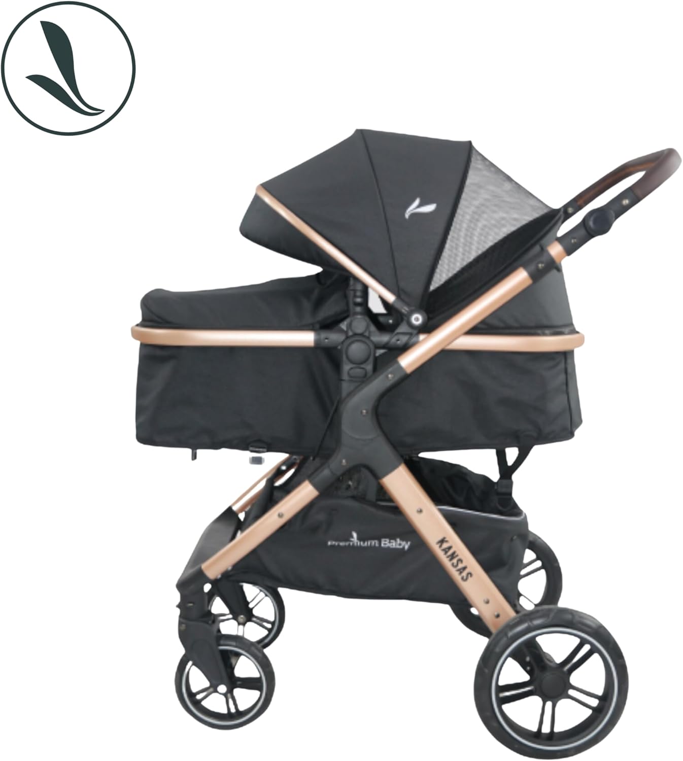 Imagem lateral do carrinho de bebê com fundo branco.