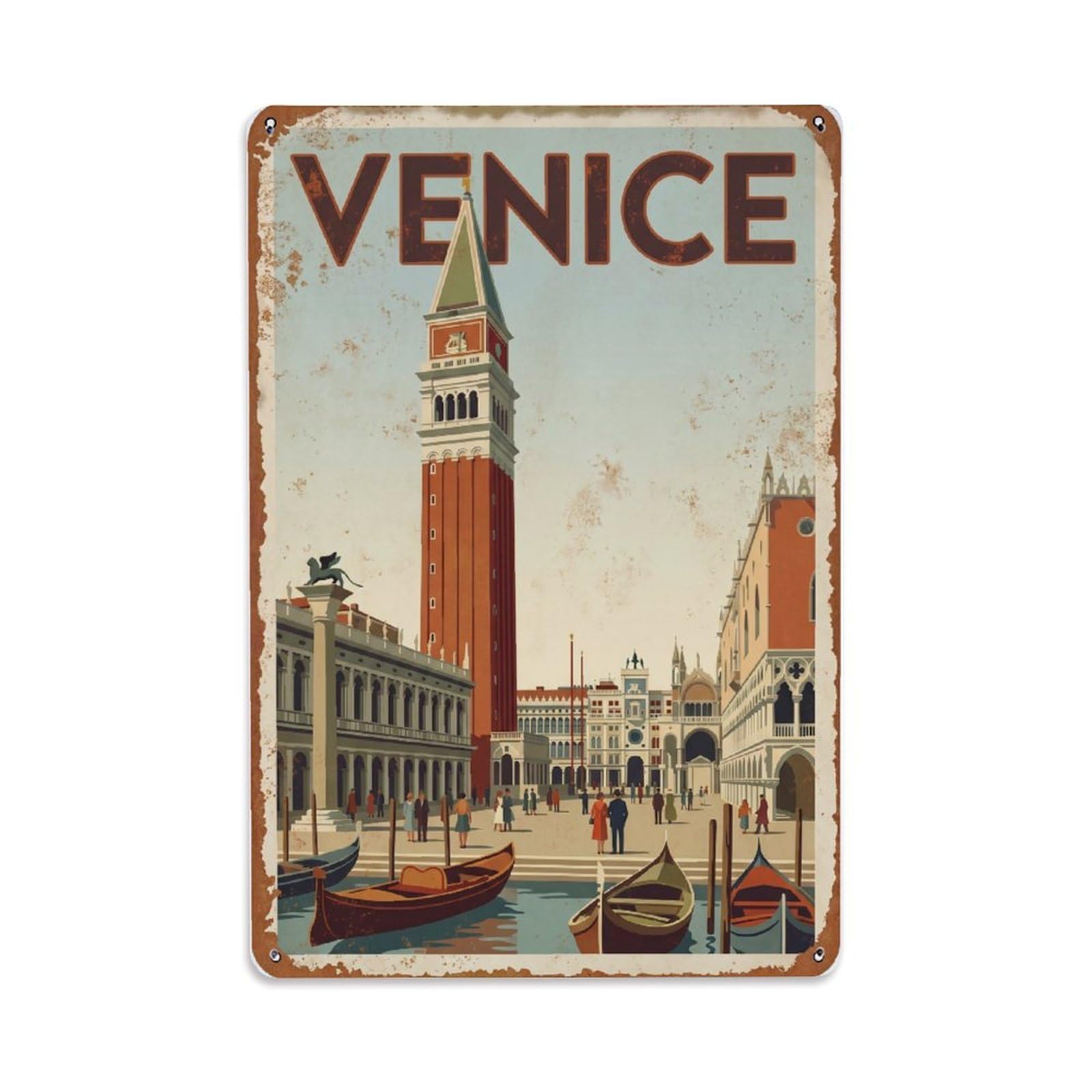 Vintage Travel Venice St Mark Campanile Bell Tower Rusted Italy 1 Metal Tin Sign Plaque Wall Decor for Cafe, Club Bar, Office, Home Garden Metal Poster 8x12Inch