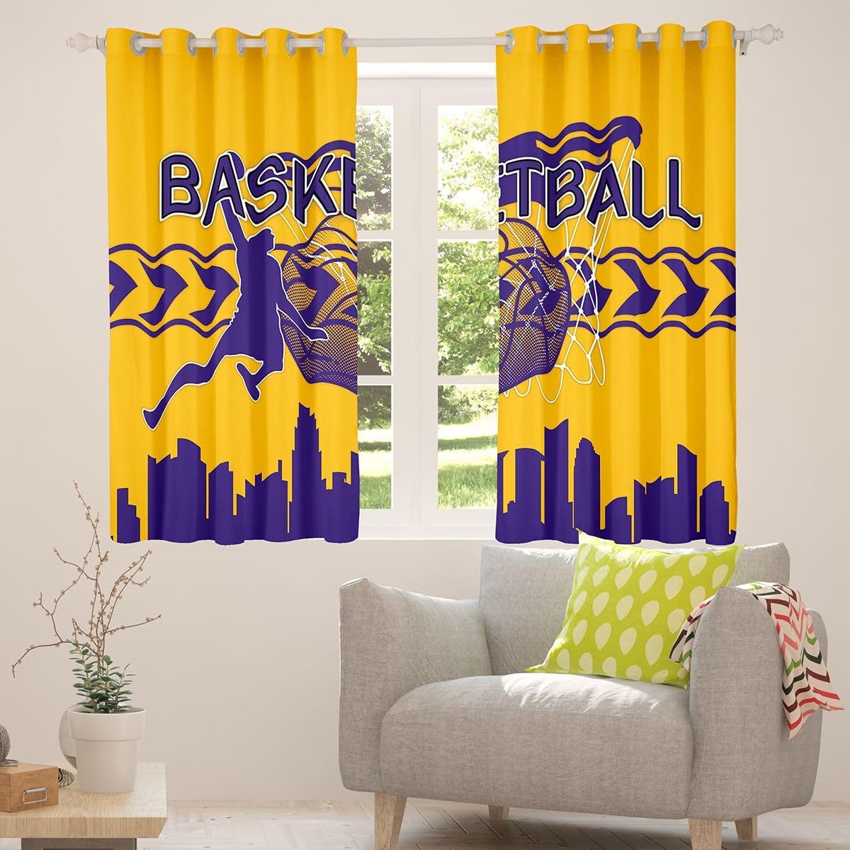 Manfei Basketball Window Curtain Set of 2 Panels,Basketball Athlete Modern Sports Yellow Purple Curtains,American City Silhouette Los Angeles Window Drapes for Kids Boys,52Wx63L Inches