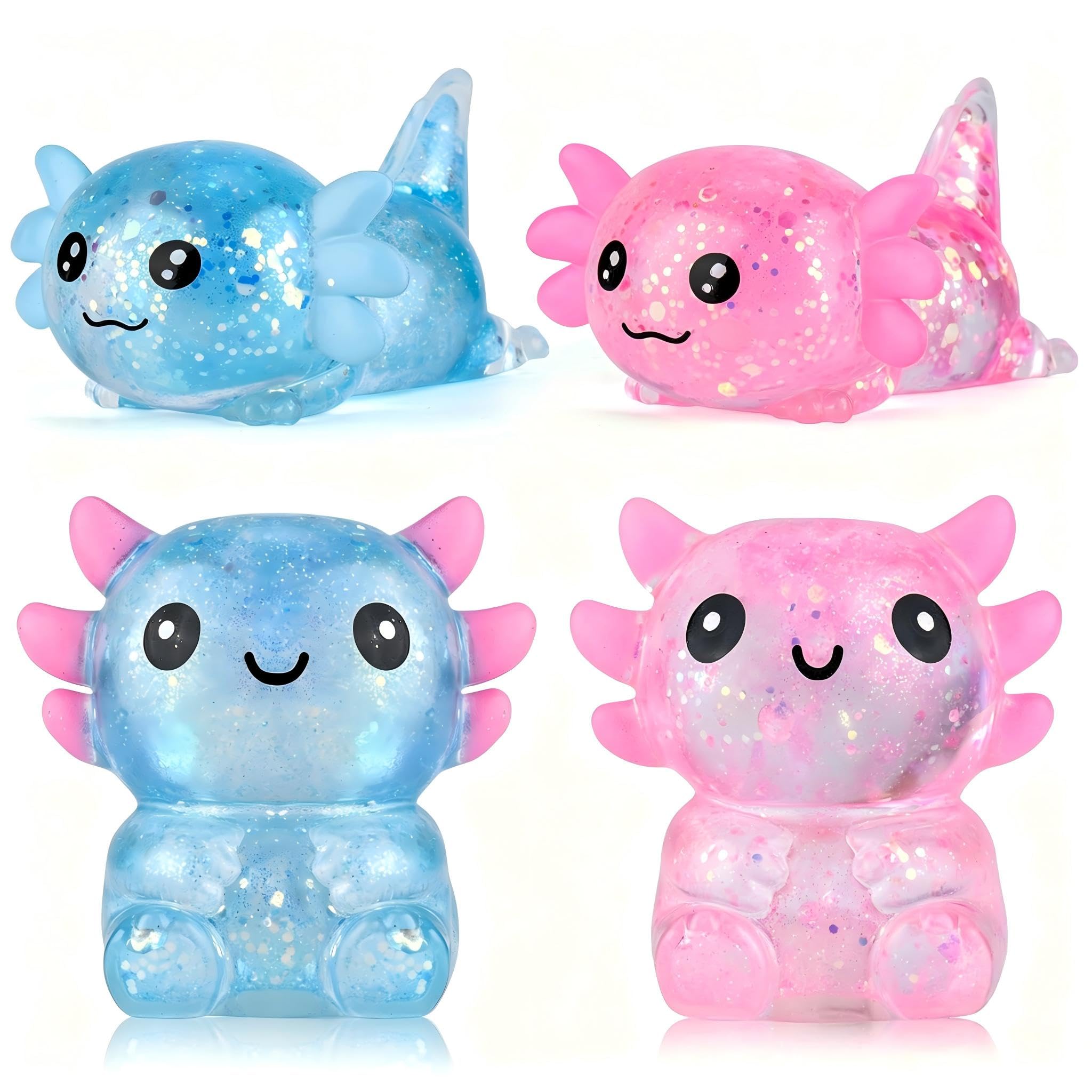 Tedmax Glitter Axolotl Squishy Sensory Toys,4pcs Soft & Stretchy Fidget Toy