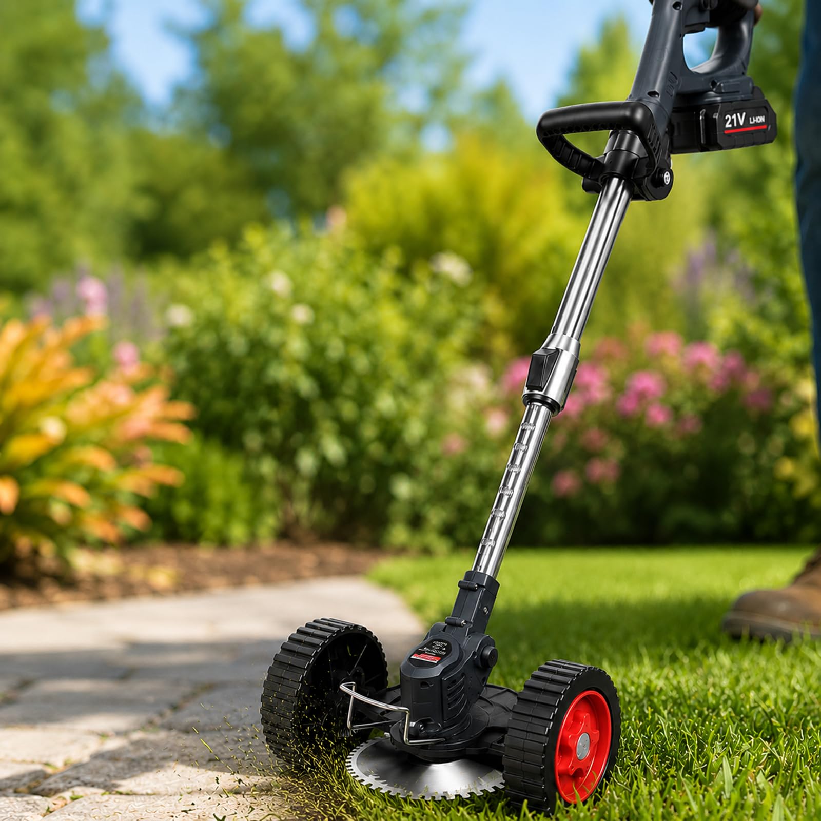 Desbrozadora Sin Cable 21 V con Doble Rueda y Empuñadura Ajustable Black-10-CellBattery | La barra telescópica y el mango auxiliar se adaptan a distintas alturas y se acortan para transportar o guardar