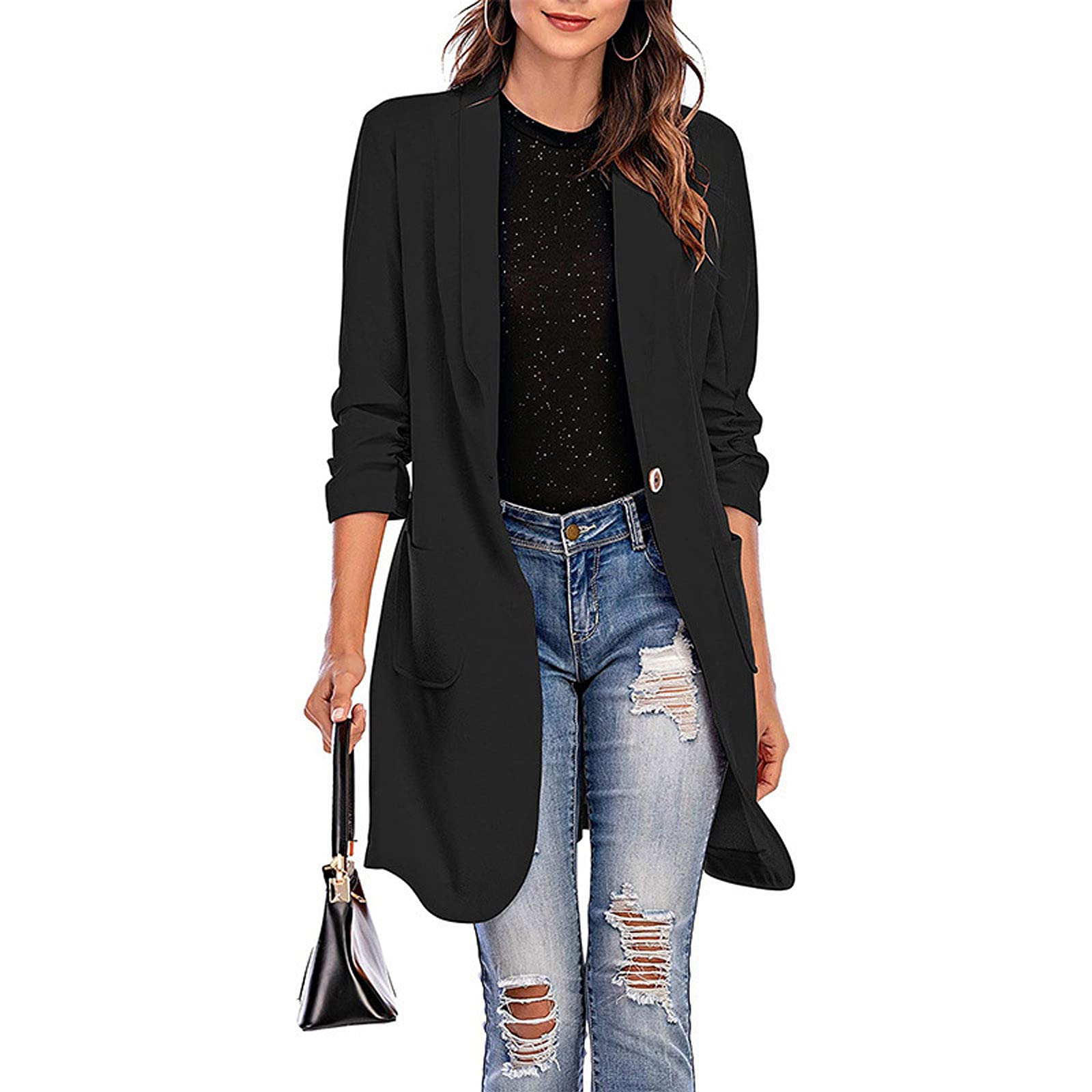 Blazer da donna, elegante e chic, lungo cappotto, lungo, da donna, in tinta unita, con tasca