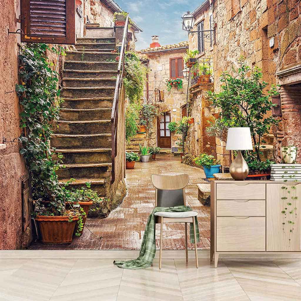 Papier peint 3D petite cour vintage pour une ambiance bucolique de restaurant