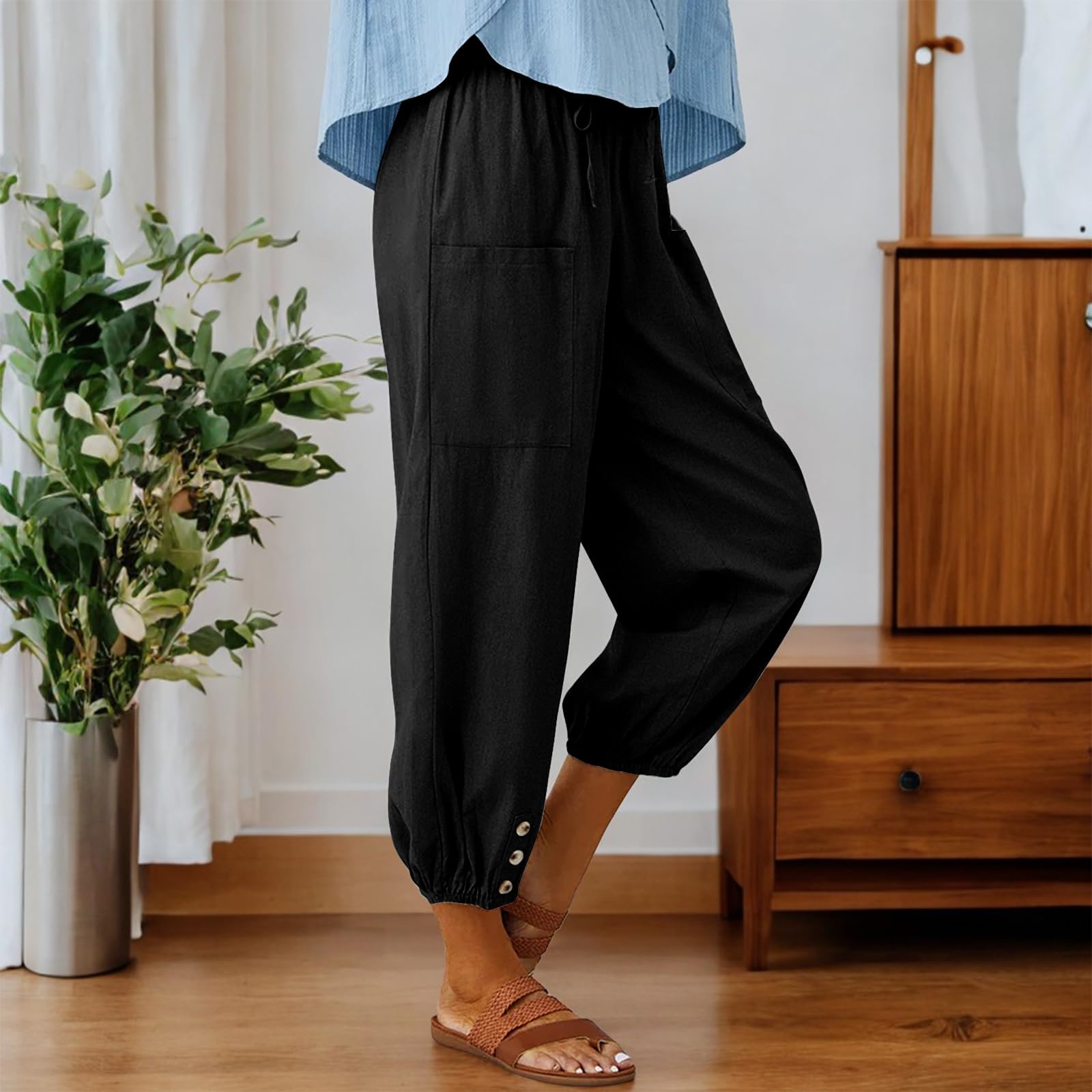 Pantalones Mujer Verano 7/8 Algodón Harem Cintura Elástica Ligeros Playa