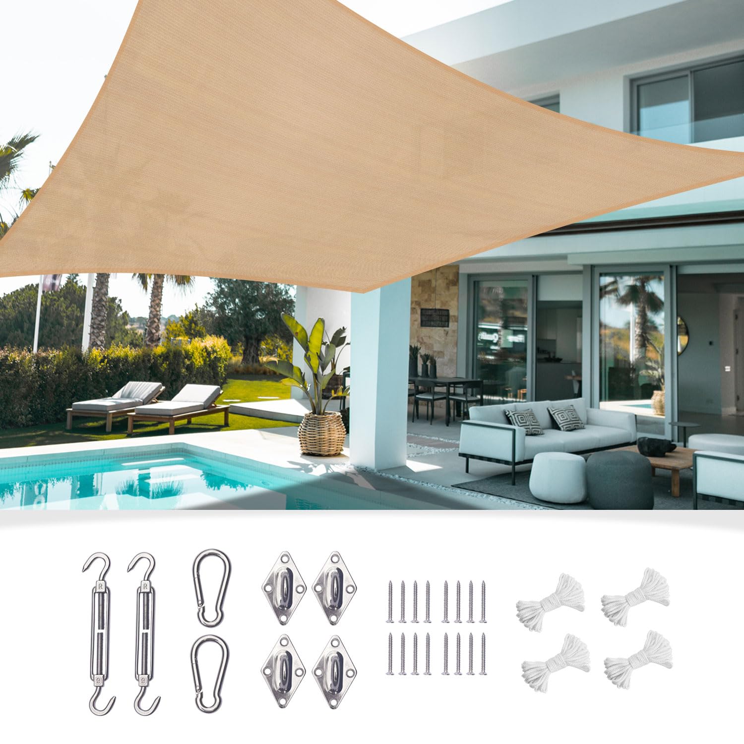 VICLLAX Sun Shade Sail 20'x26' Rectangle Outdoor Shade Cover Sunshade with Hardware Kit for Patio Garden Backyard, Wheat