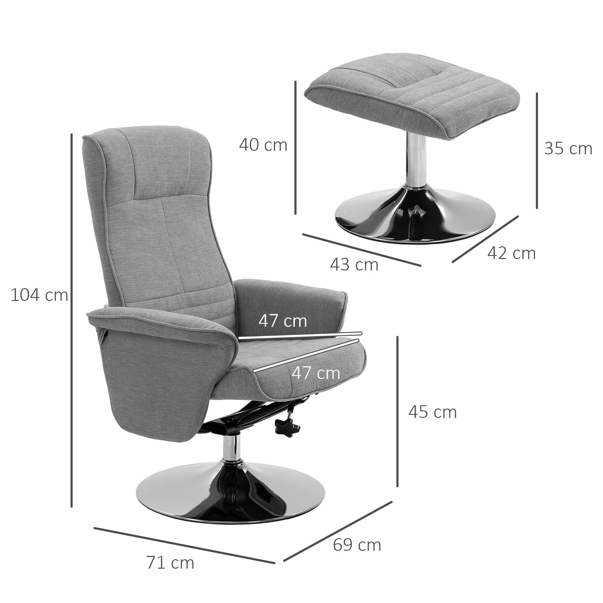 HOMCOM Fauteuil Relax, Fauteuil de Relaxation inclinable 135°, pivotant 360° avec Repose-Pieds, revêtement Tissu pour Salon, Chambre, Bureau, jusqu'à 150 kg, Gris