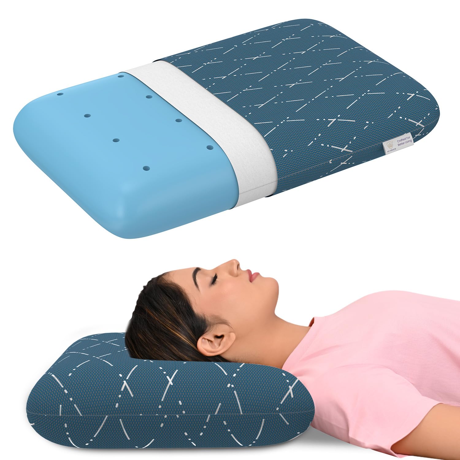 MY ARMOR Cool Gel Memory Foam Pillow, King Size – 5 Inch Thick, Orthopedic Pillows for Sleeping, Pillow for Neck Pain and Shoulder Pain, Washable Blue Checks Cover – Pack of 1