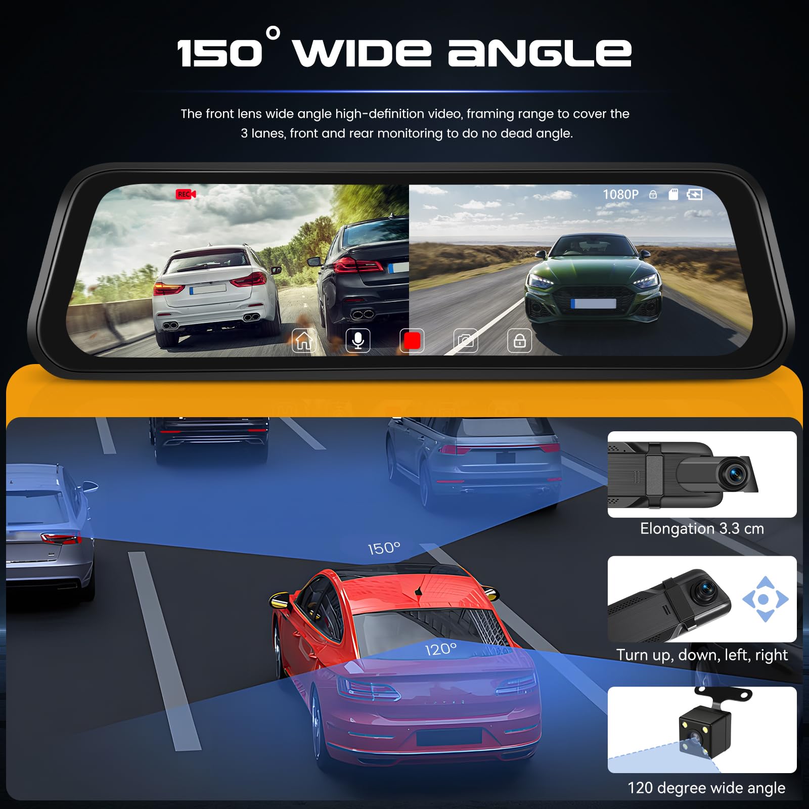 CAMECHO 1080P Rétroviseur 9.66 Pouces Dash CAM Voiture avec Caméra de Vision Nocturne, Avant 150° et Arrière Dashcam 120° avec Ligne Inverse, Enregistrement en Boucle, Angle Réglable
