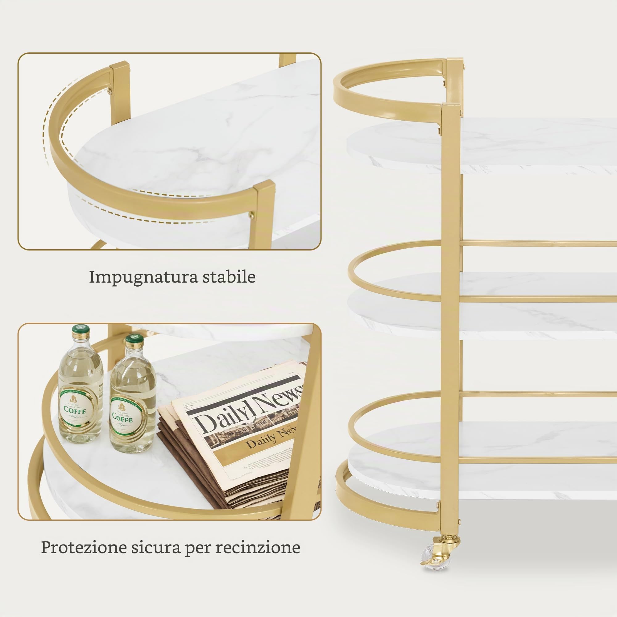 M MCombo carrello di servizio con rotelle, carrello da cucina carrello bar struttura in metallo bianco-oro, carrello moderno multiuso a 3 livelli, per cucina bagno soggiorno ufficio, 40x75,5x80, 0034