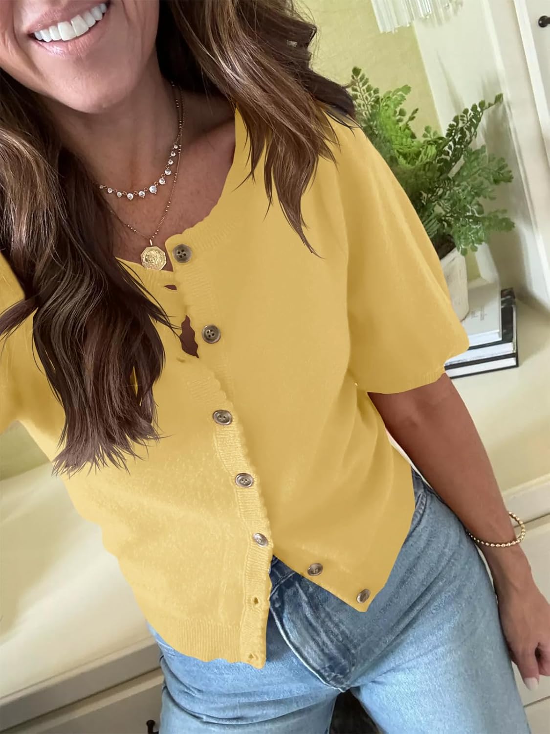 Saodimallsu Womens Puff Short Sleeve Cardigan Lightweight Summer Button Down Shirts Knit Crew Neck Sweater Tops - Image 3