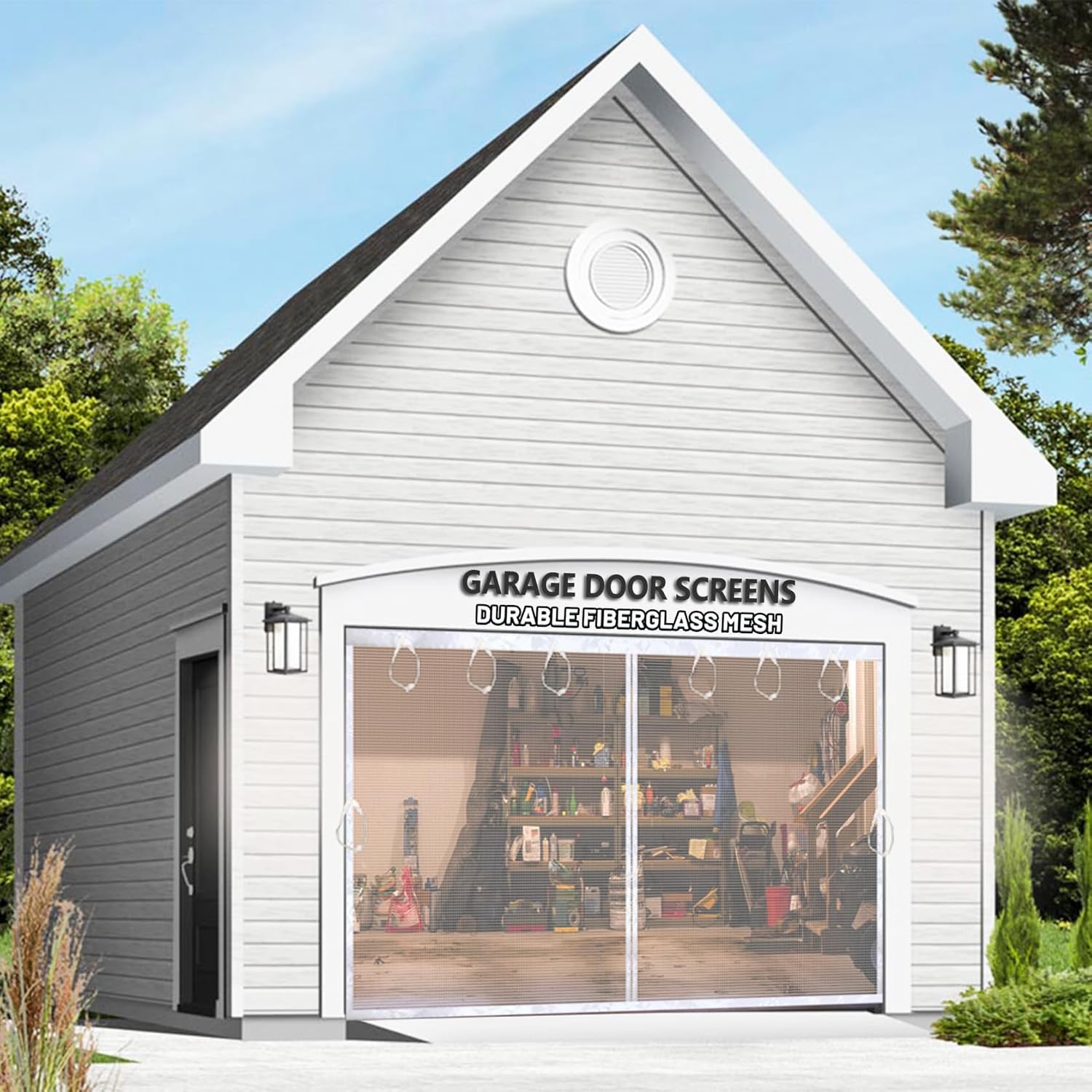 Magnetic Garage Door Screen Kit 13FT ~17FT (W) - Retractable White Mesh Net Screen Door with Fiberglass Mesh for 1 or 2 Car Garage, Blocks Bugs & Provides Privacy (White, 16x8ft)