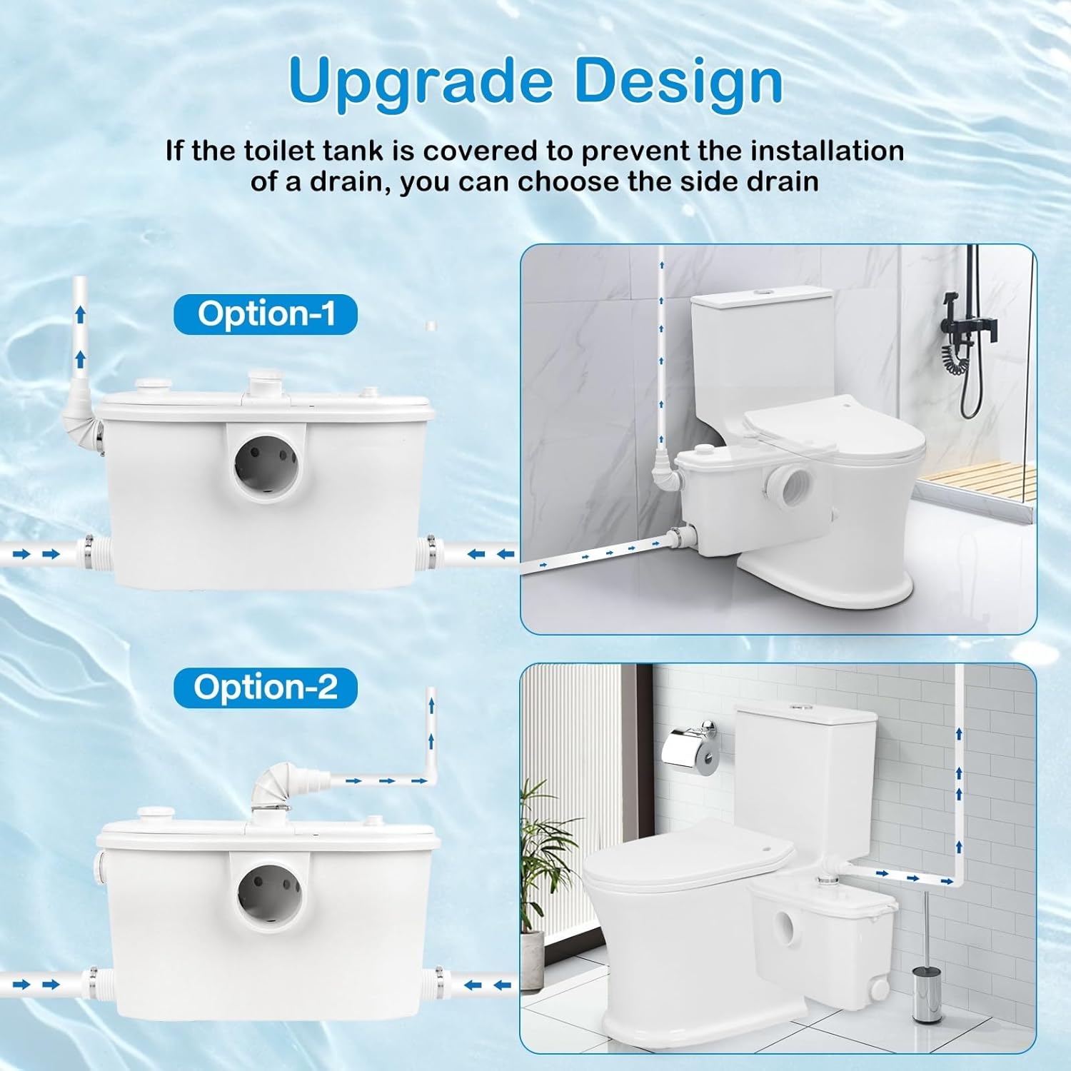 Automatic 750W Macerator Toilet Sewage Pump for Basement Toilet Upflush System with 4 Inlets for Toilet, Sink, Bathtub, Laundry, 2 Outlets Dicharge Option, Solid Waste Water Disposal Pump