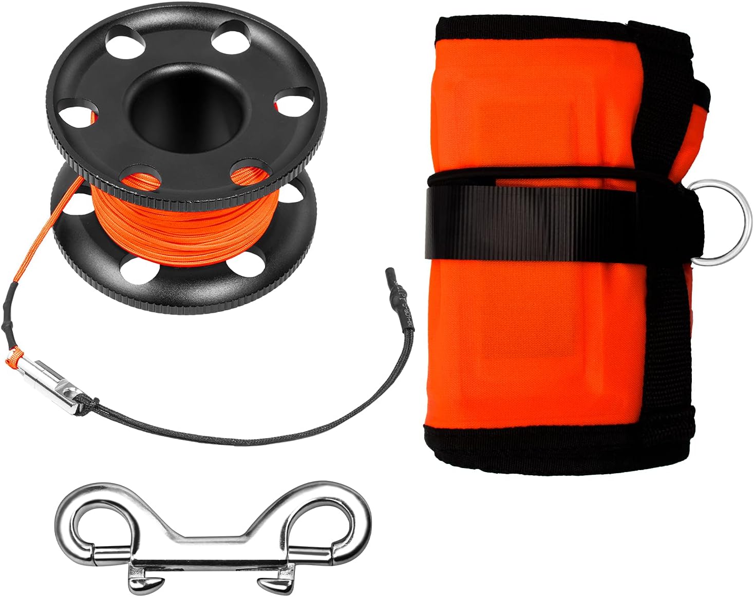 4FT Diving Surface Marker Buoy (SMB) Open Bottom Safety Sausage + Aluminum Alloy Scuba Dive Reel Finger Spool Reel 100FT Line with Double-Ended Bolt Snap for Underwater Sports