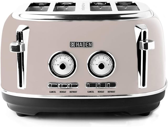 Haden Jersey Toaster Retro Electric Stainless-Steel Toaster with Reheat and Defrost Functions 1370-1630W, 220-240V, 4 Slice, Putty