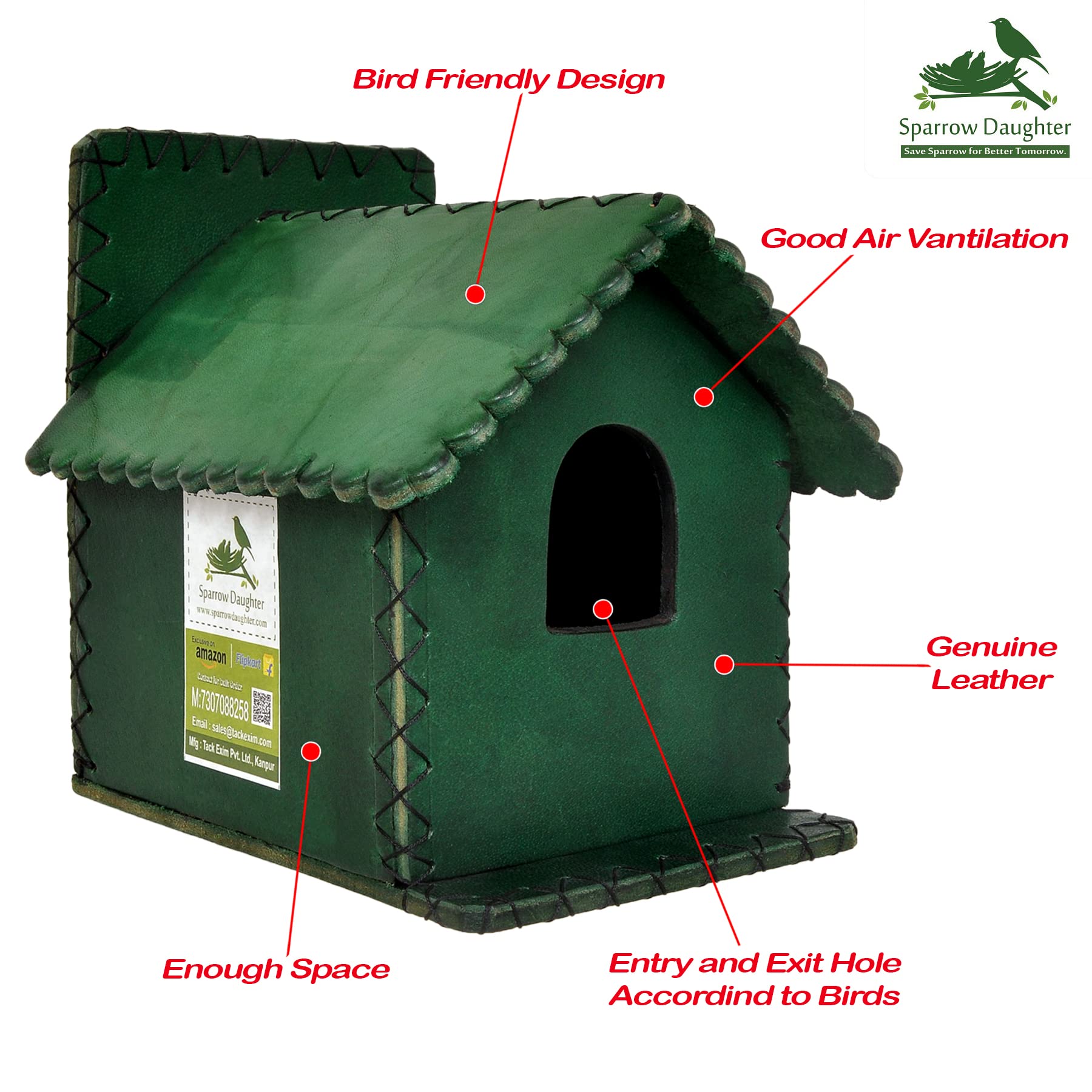 Sparrow Daughter Leather Handcrafted Hut Shape Bird House | Bird Nest House | Bird Cage for Sparrow and Other Little Bird 3