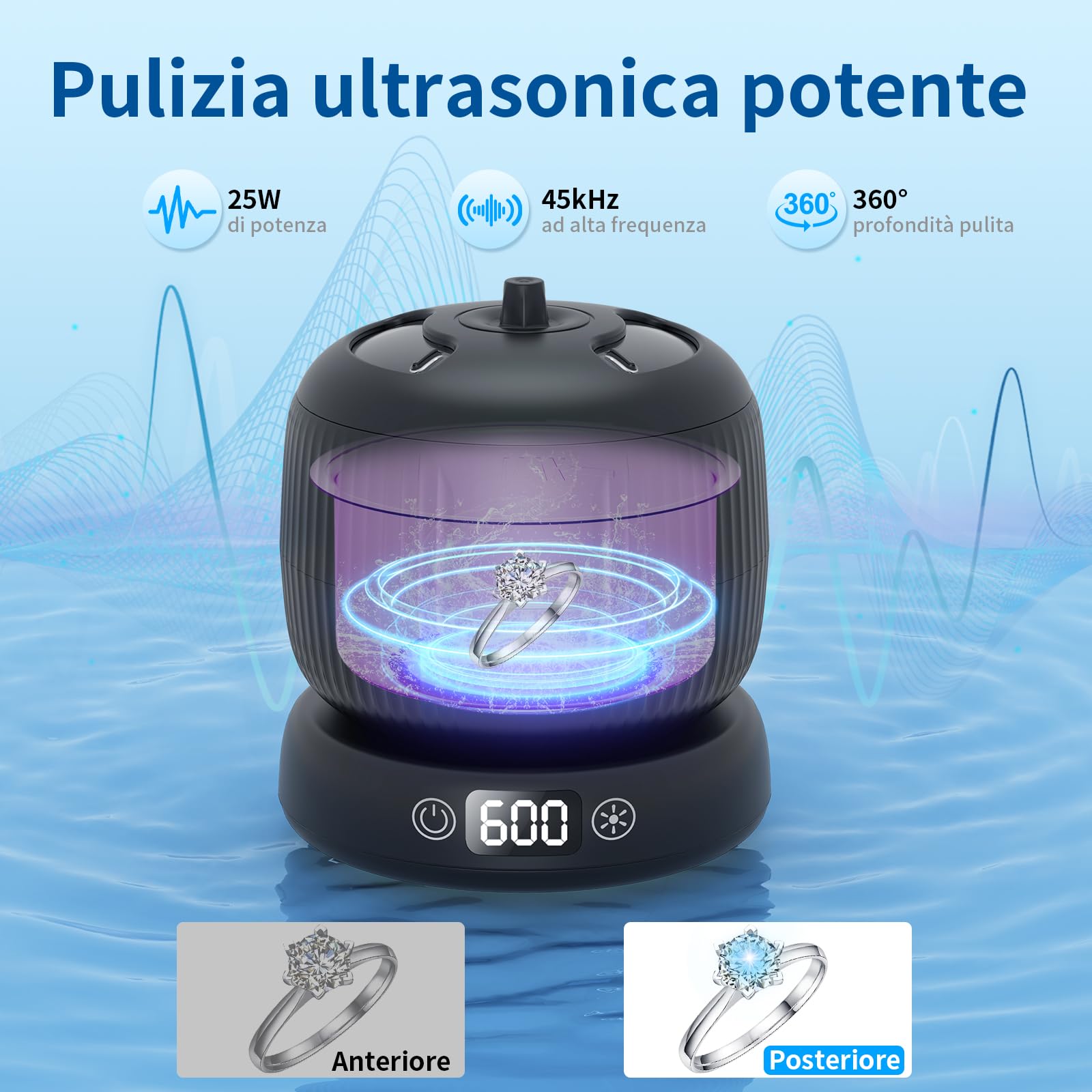 Pulitore Ultrasuoni con Lampada UV | 45000Hz | 190ML | Portatile | Pulitore Ultrasuoni per Apparecchio Denti, Bite, Protesi Dentali, Allineatori e Gioielli
