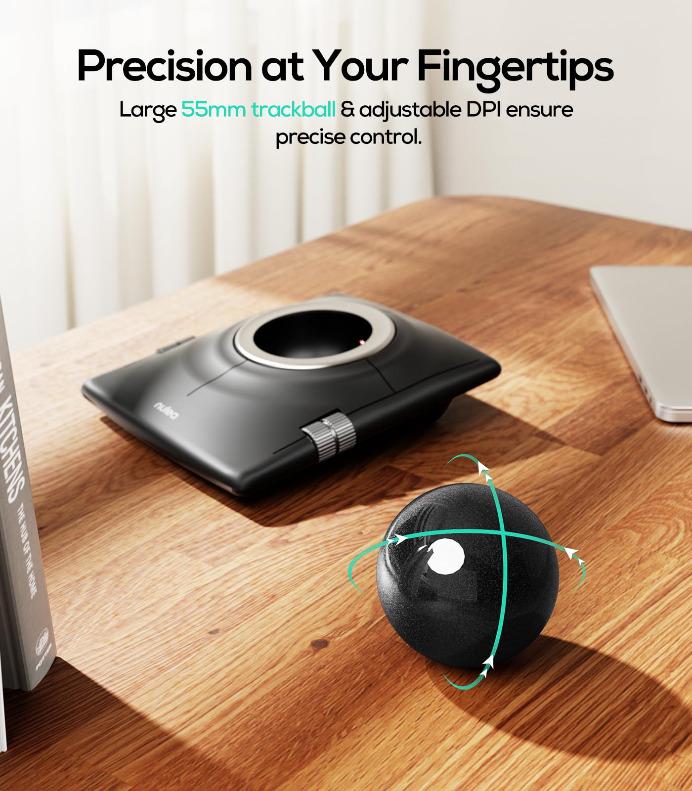 Nulea M512 Kabellose Trackball-Maus, ergonomischer 55-mm-Trackball, einstellbare DPI für präzise Steuerung, kompatibel mit Links- oder Rechtshänder, wiederaufladbar-Black