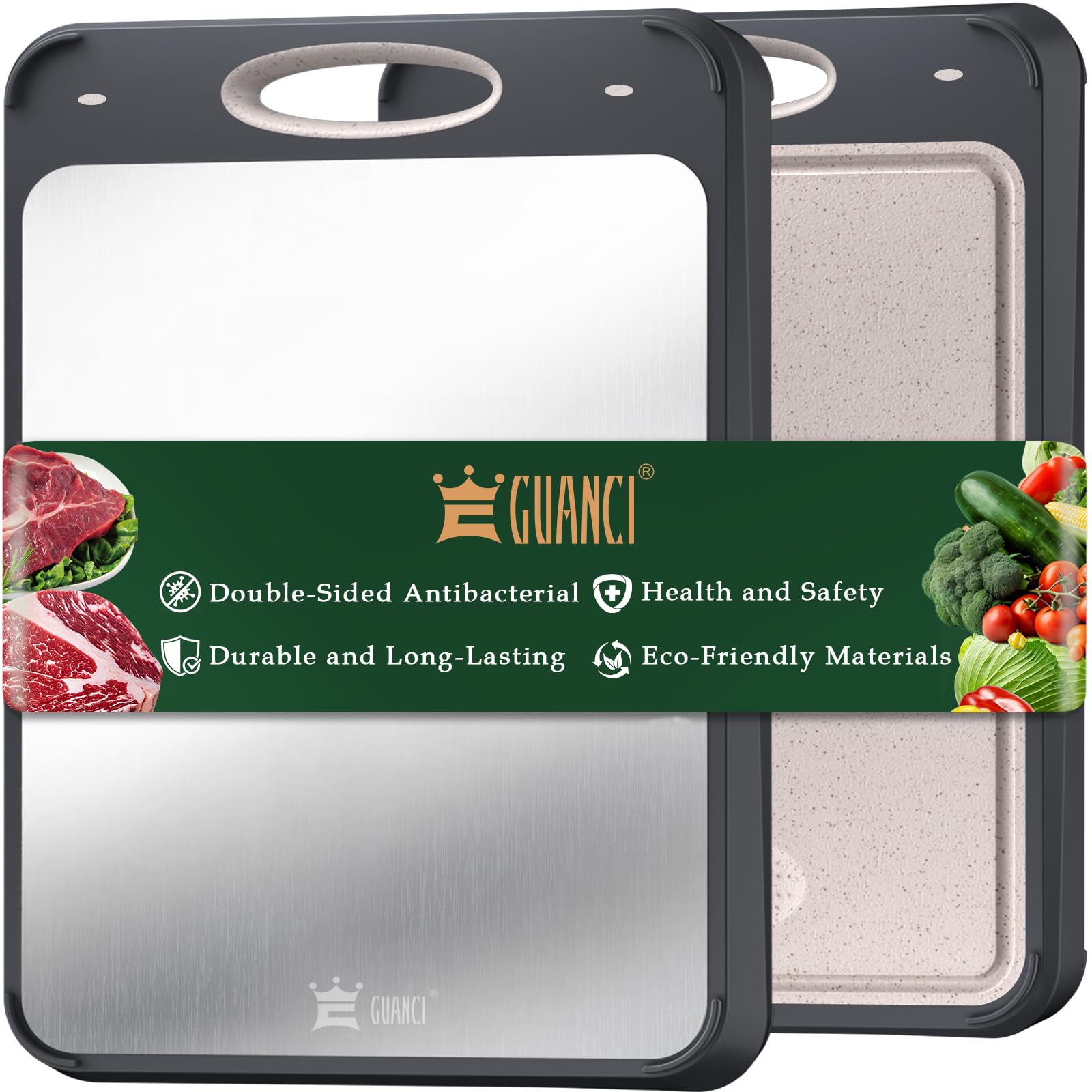 GUANCI Cutting Board for Kitchen Double Sided 304 Stainless Steel Chopping Board Food-Grade Stainless Steel and Wheat Straw PP Samll Size 14’’×9.6’’ Easy to Clean