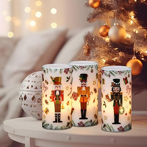 Miniatura 4 de Velas de pilar sin llama de cascanueces de Navidad con temporizador remoto, velas LED en soporte de cera real, vela a pilas para decoración de