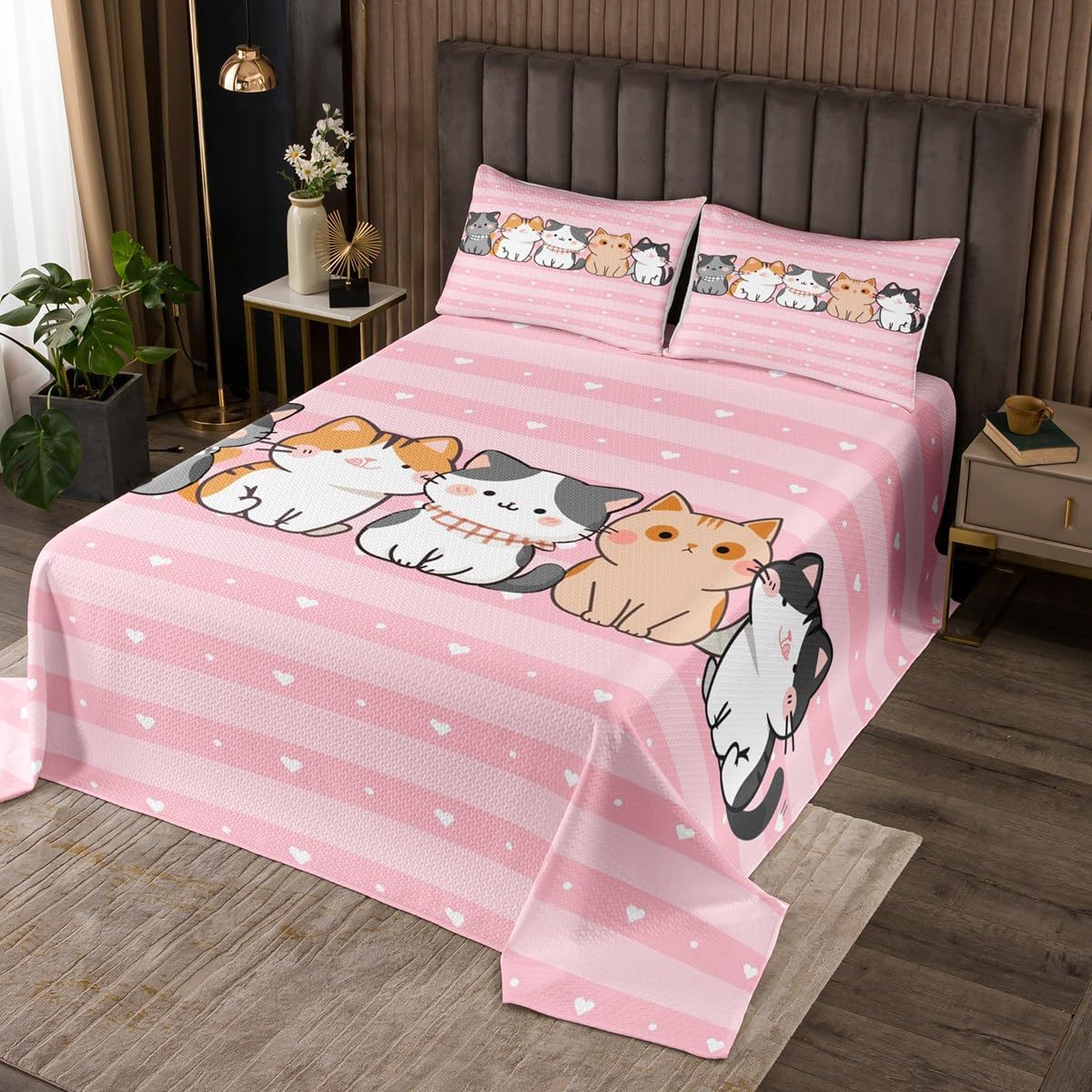 Erosebridal Kids Cartoon Cat Quilt Set Queen Size for Kids Teens Adults,Lovely Kitten Coverlet Set,Love Hearts Bedspread Set,Geometric Stripes Bed Cover Bedroom Decor