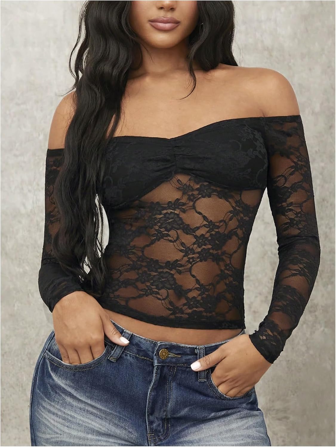 Milumia Women's Sexy Sheer Mesh Off The Shoulder Lace Long Sleeve Top Y2K Rave - Image 6