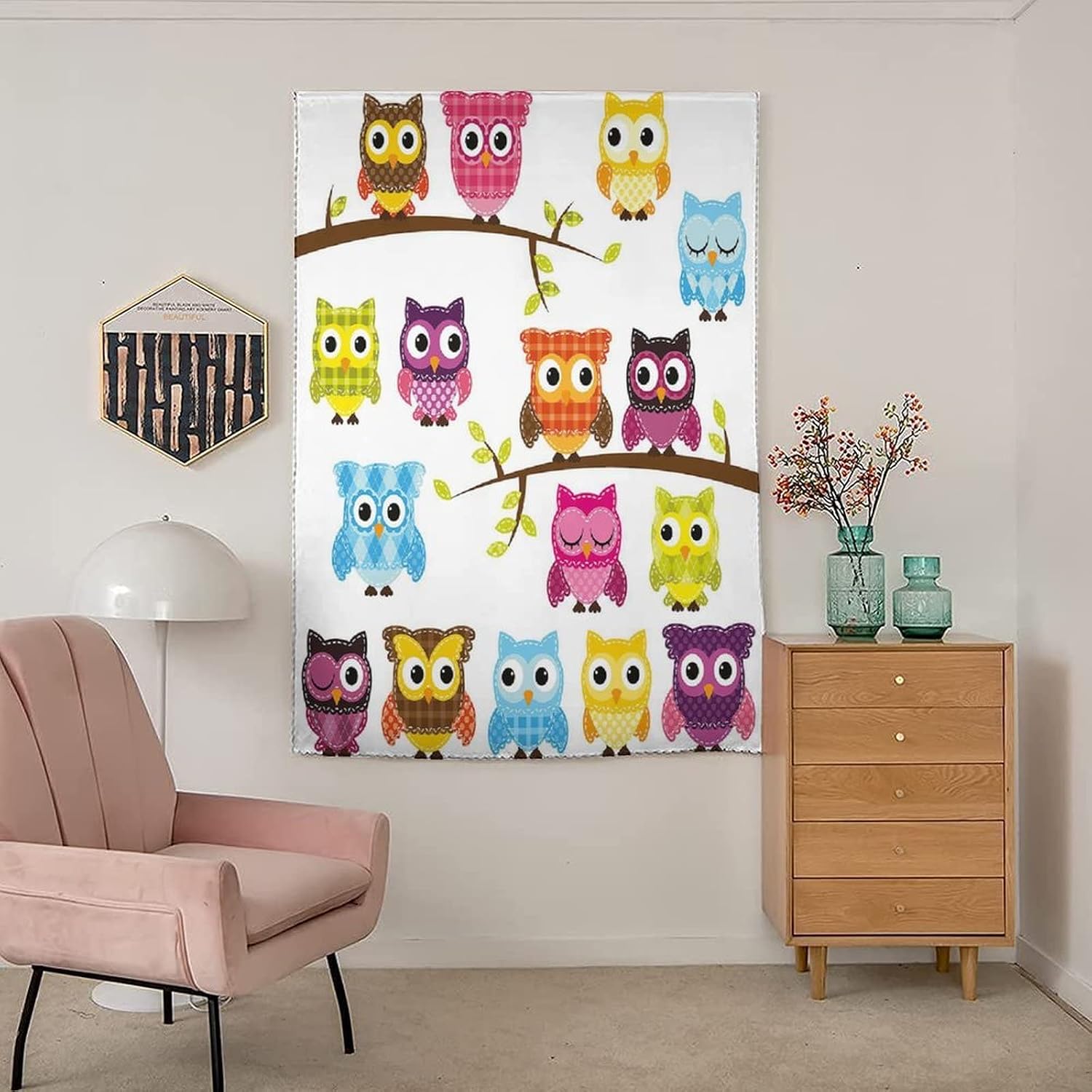 Adjustable Blackout Shades, Nursery Portable Blackout Curtain, Set of Patchwork Quilt Style Owls on Branches Mascots Print Living Room Bedroom Window Drapes,47W x54L Inches, for Bathroom Bedroom