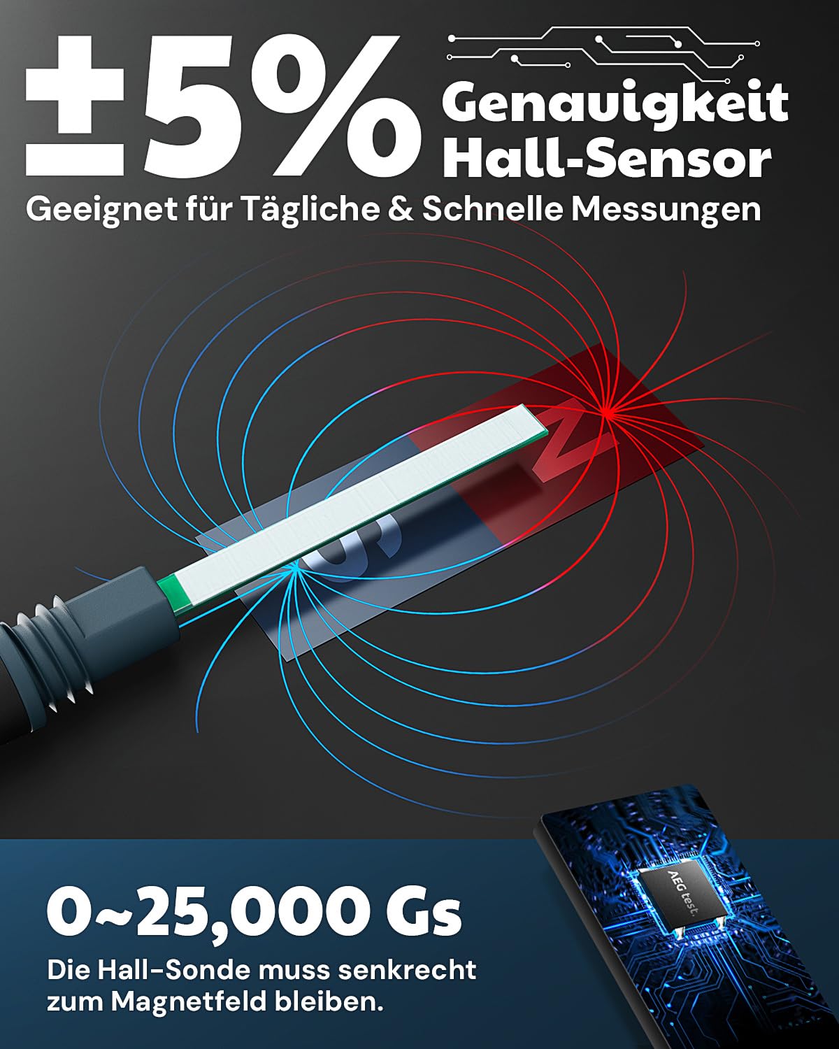 AEG-8103 Gaussmeter, wiederaufladbares Teslameter 0-2500mT, Magnetometer mit Datenaufzeichnung und Alarm, Magnetfeldstärke- und Poltester, ±5% allgemeine Genauigkeit für Fabriken, Werkstätten
