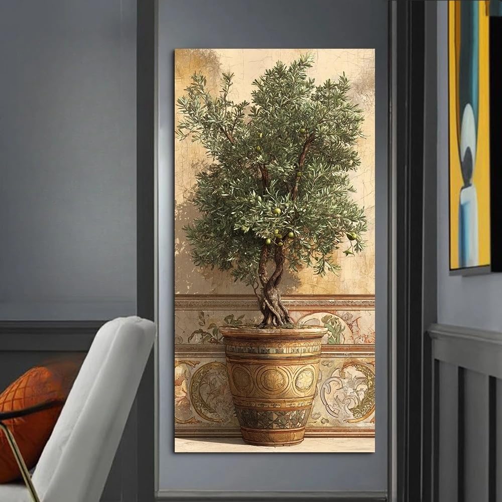SDVIB Tableau moderne méditerranéen sur toile représentant un olivier, un pot orné et un olivier ancien, idéal pour la décoration du salon (70 x 140 cm/sans cadre)